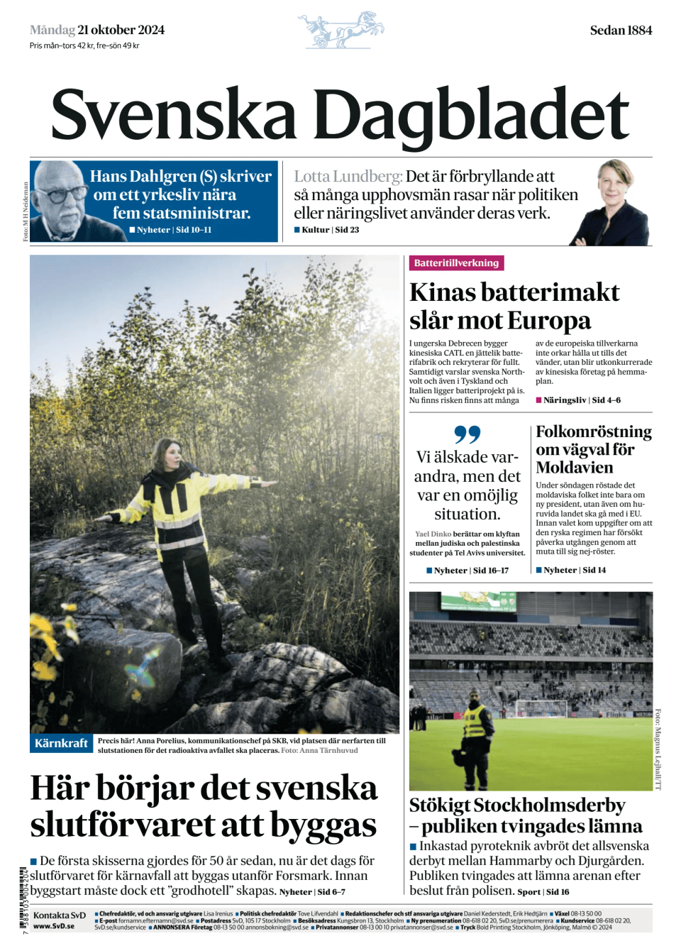 Prima-pagina-Svenska Dagbladet-edizione-di-oggi-20241021